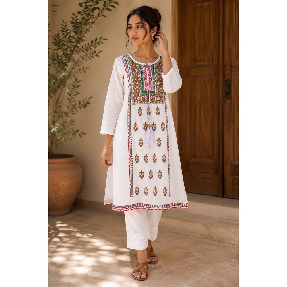 Indus Collection White Embroidered Pakistani Kurta Dress Women S Cotton Boho